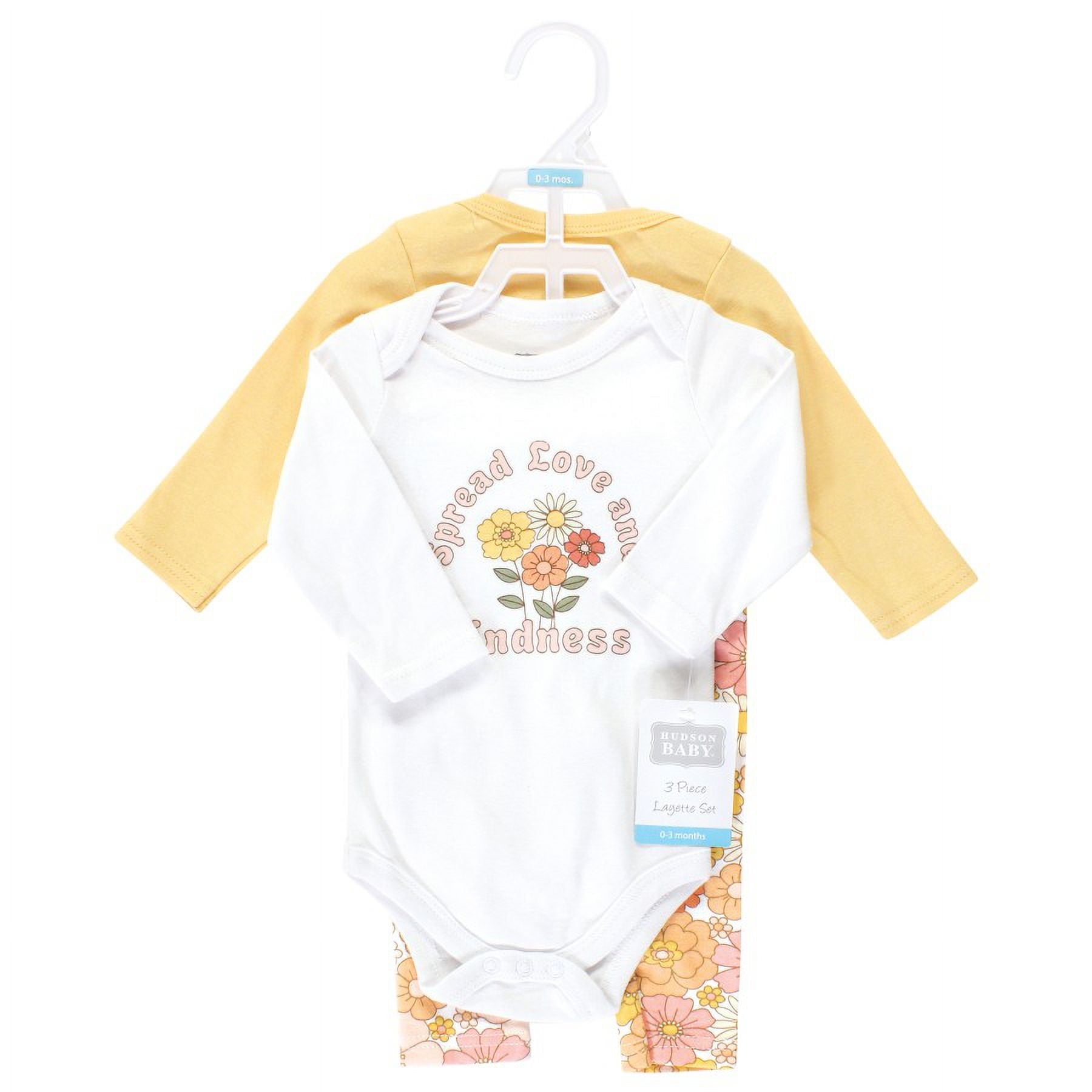 Hudson Baby Infant Girl Cotton Bodysuit and Pant Set, Peace Love Flowers Long Sleeve, Newborn
