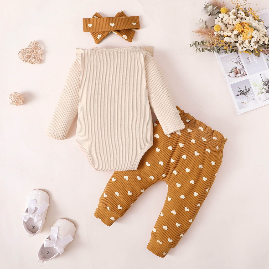 BLVB Baby Girl Fall Outfits Long Sleeve Ruffled Ribbed Knit Romper Heart Print Pants Infant Winter Clothes 3-18 Months