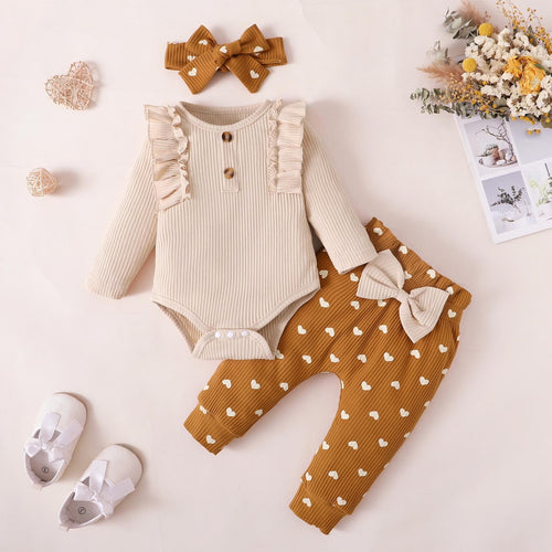 BLVB Baby Girl Fall Outfits Long Sleeve Ruffled Ribbed Knit Romper Heart Print Pants Infant Winter Clothes 3-18 Months