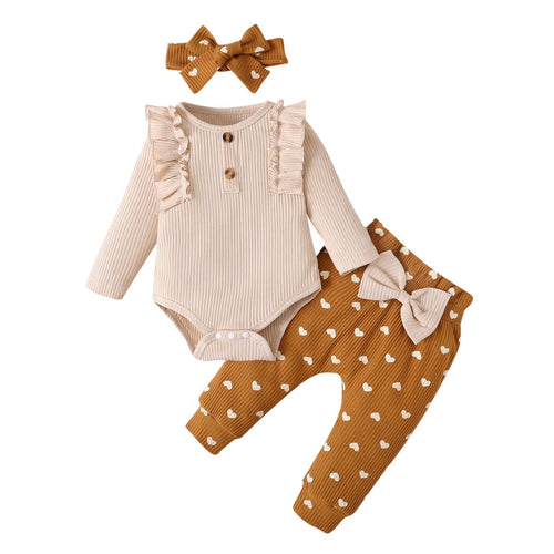 BLVB Baby Girl Fall Outfits Long Sleeve Ruffled Ribbed Knit Romper Heart Print Pants Infant Winter Clothes 3-18 Months