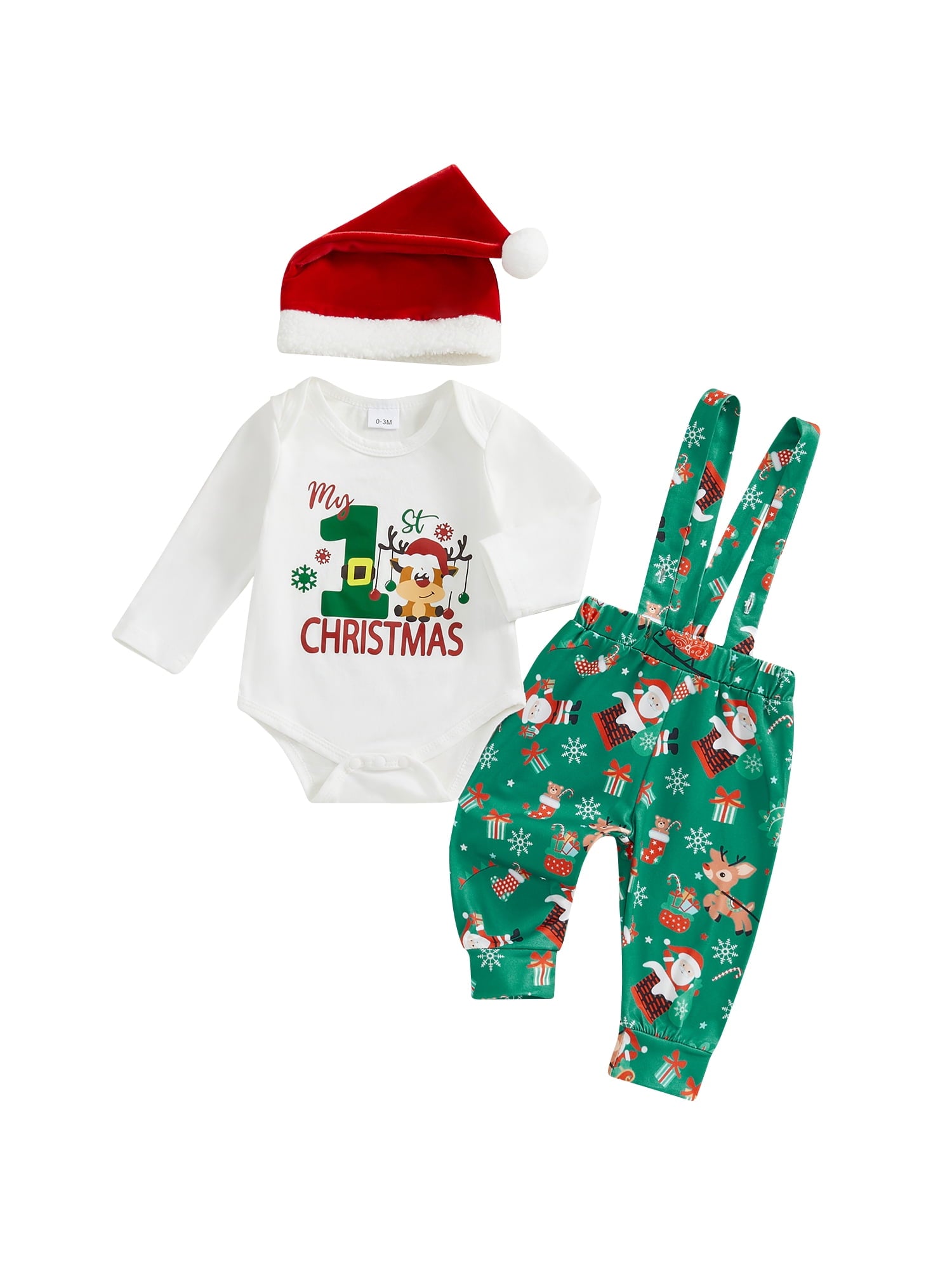 Elippeo Baby Boy Christmas Outfit, Long Sleeve Dots Printed Bow Tie Romper with Overall Pants and Hat Infant Outfit 3 6 9 12 18 Months