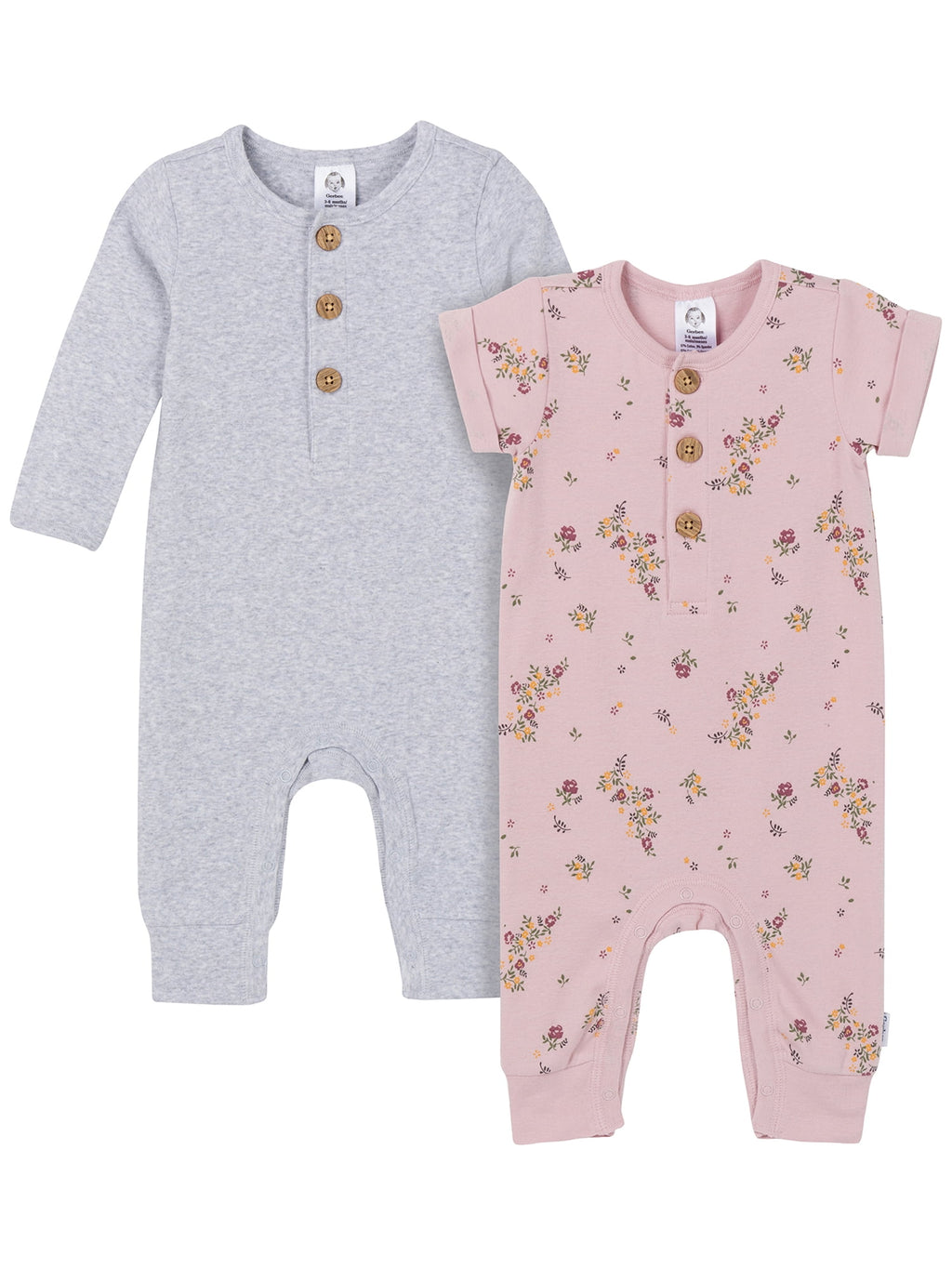 Gerber Baby Neutral Rompers, 2-Pack, Sizes Newborn - 24 Months