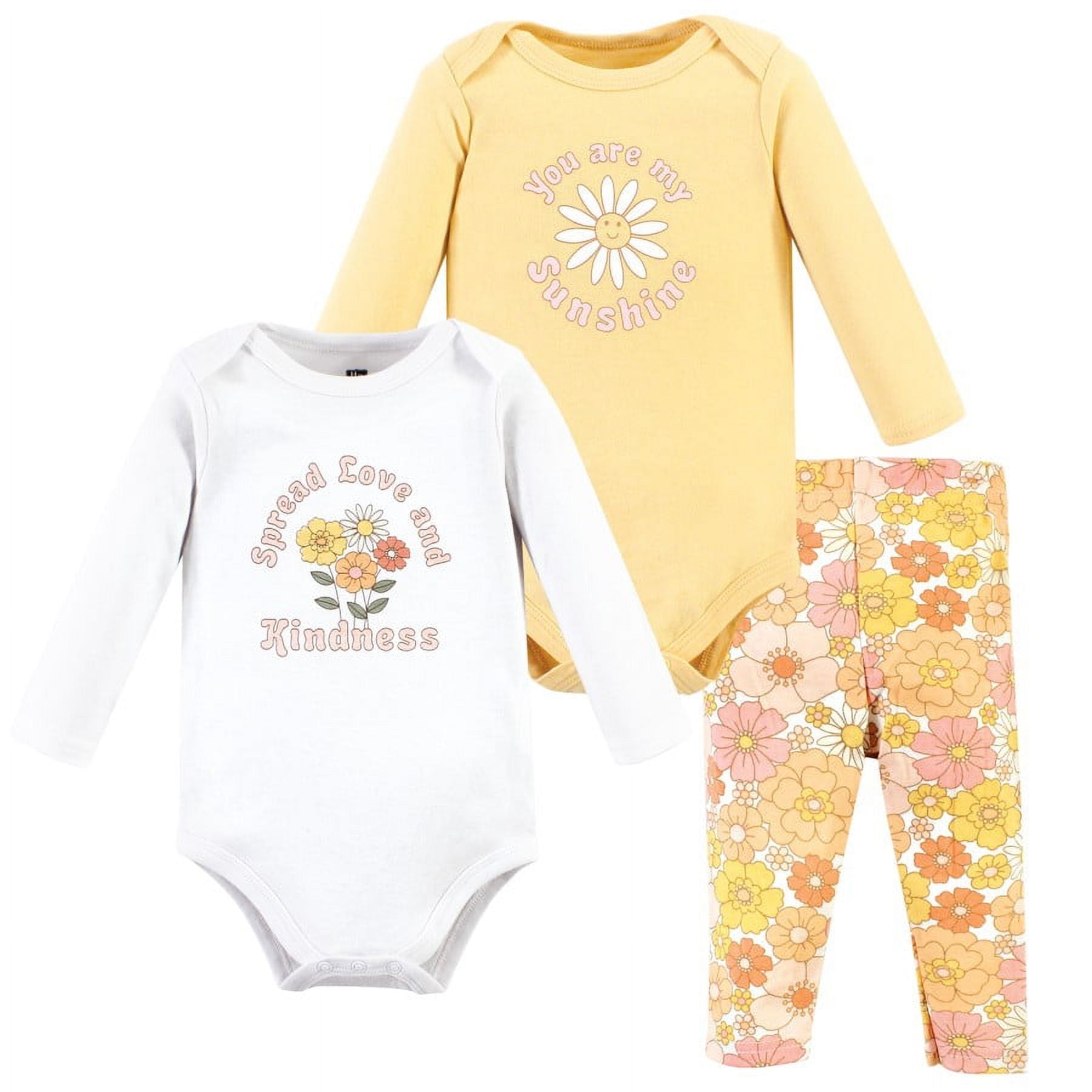 Hudson Baby Infant Girl Cotton Bodysuit and Pant Set, Peace Love Flowers Long Sleeve, Newborn