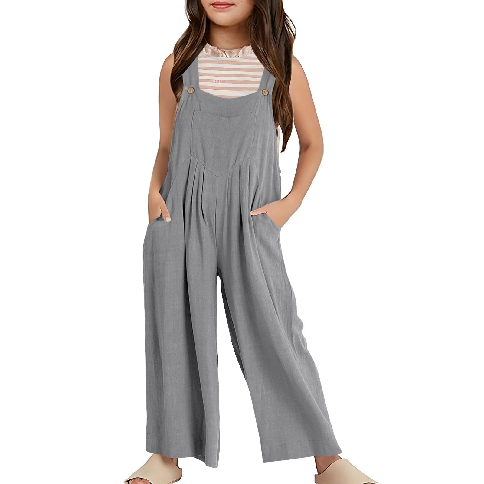 MEZZALL Girls Summer Sleeveless Wide Leg Jumpsuit Casual Solid Color Romper With Pockets Loose Fit Overalls For Toddler Kids Lovely Dailywear, Grey, 13-14 Years