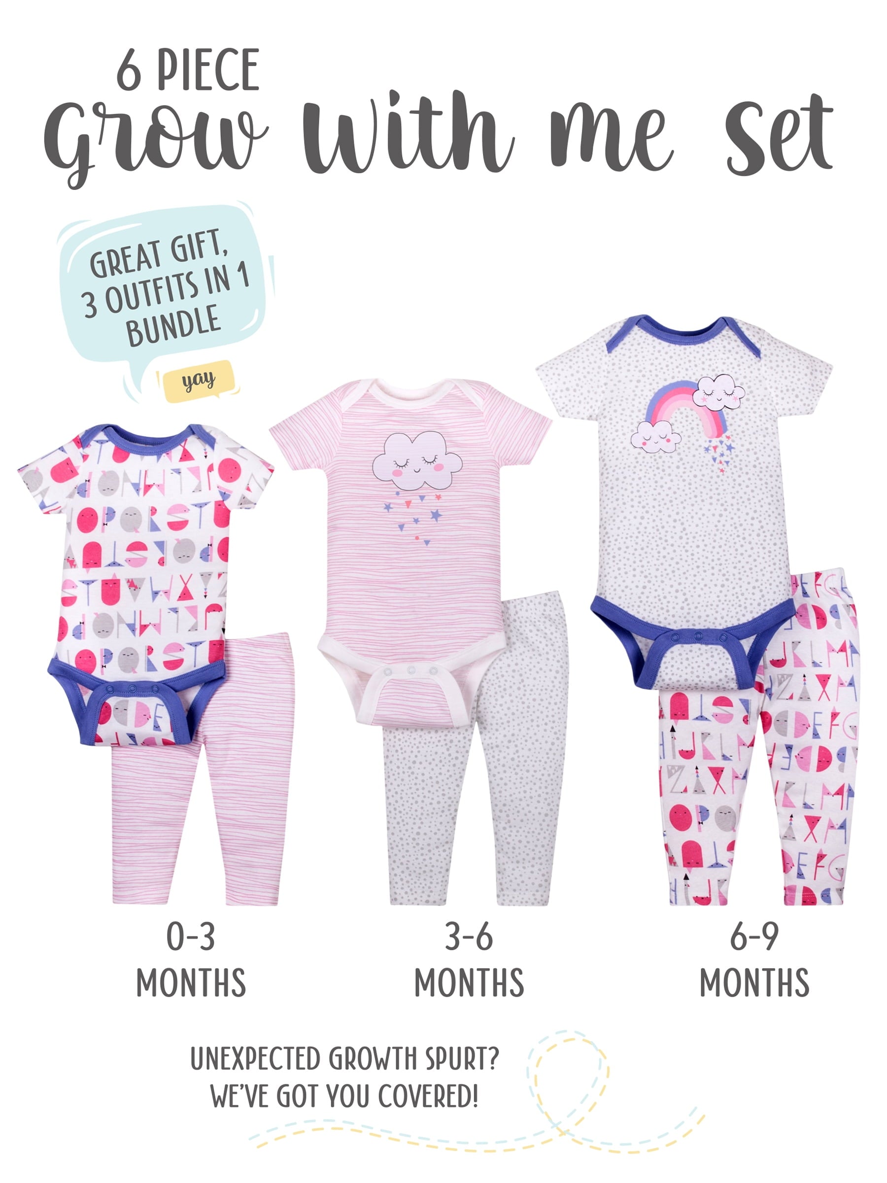 Little Star Organic Baby Girl Grow With Me Bodysuit & Pants Shower Gift Set, 6-Piece