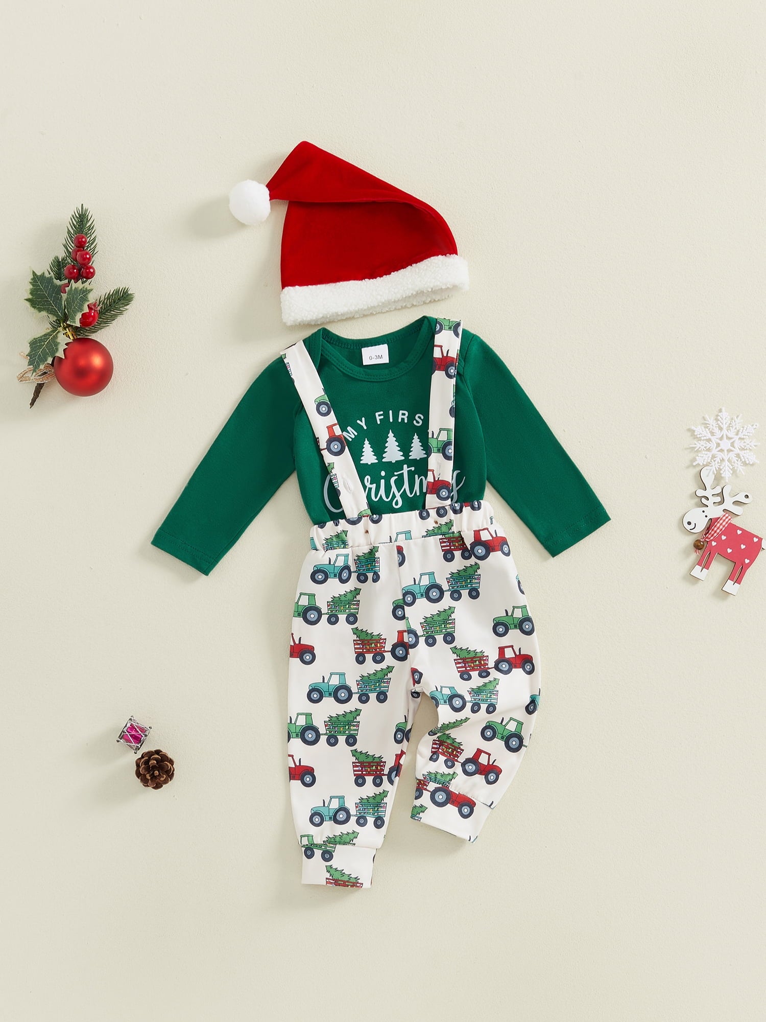 Elippeo Baby Boy Christmas Outfit, Long Sleeve Dots Printed Bow Tie Romper with Overall Pants and Hat Infant Outfit 3 6 9 12 18 Months